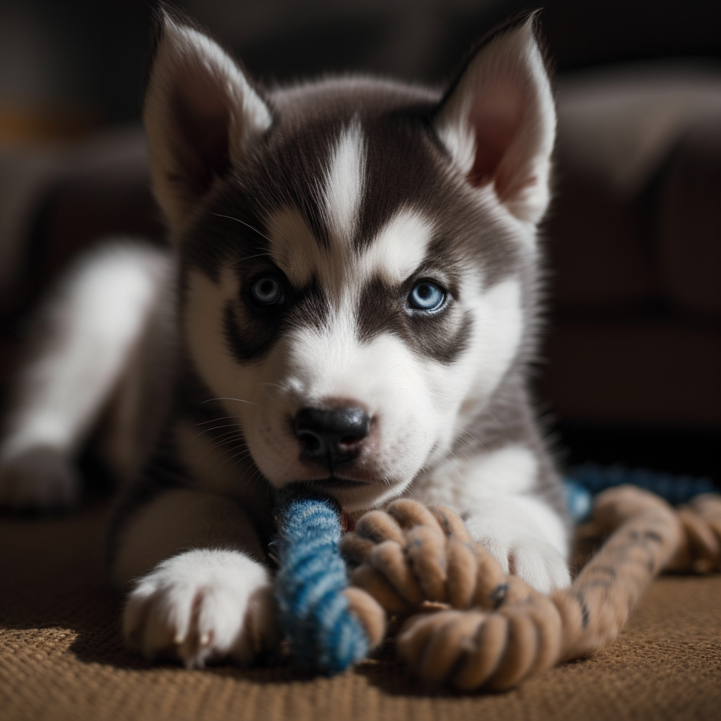 adorably cute husky puppy playing with a chew toy