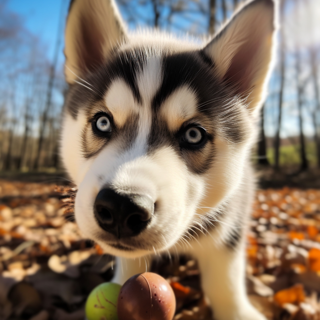 Siberian Husky puppy playing with a chew toy in the leaves outside