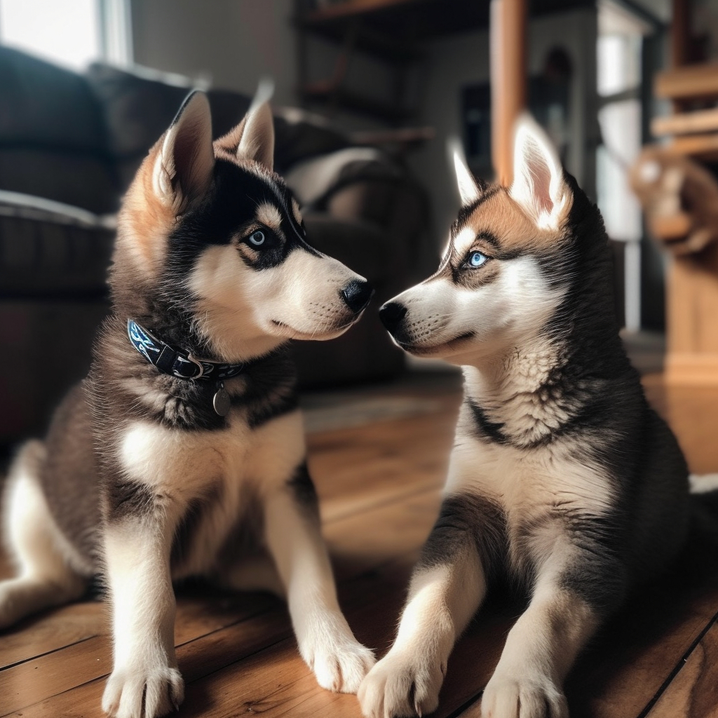 two cute husky puppies with a playful personality looking at each other