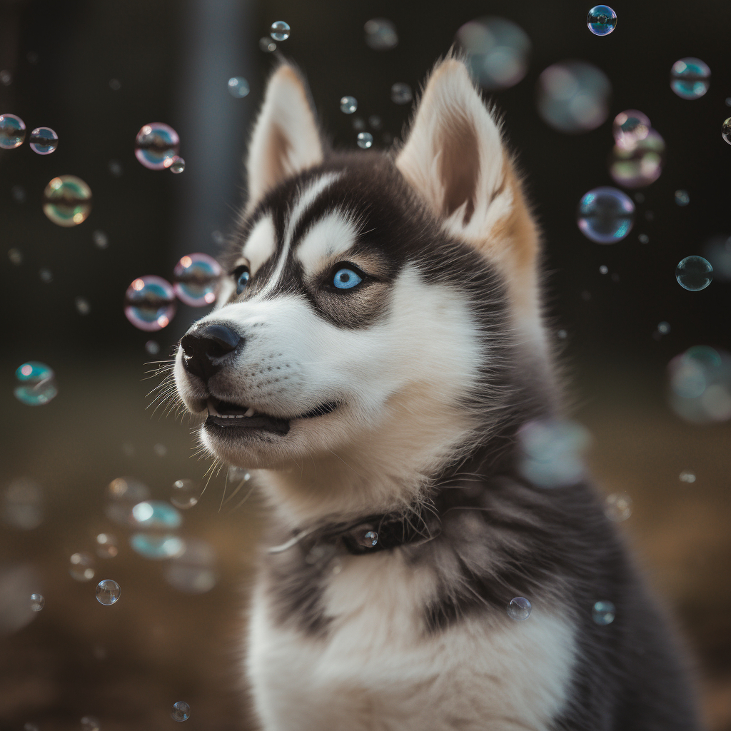 a husky puppy dog playing with bubbles outside