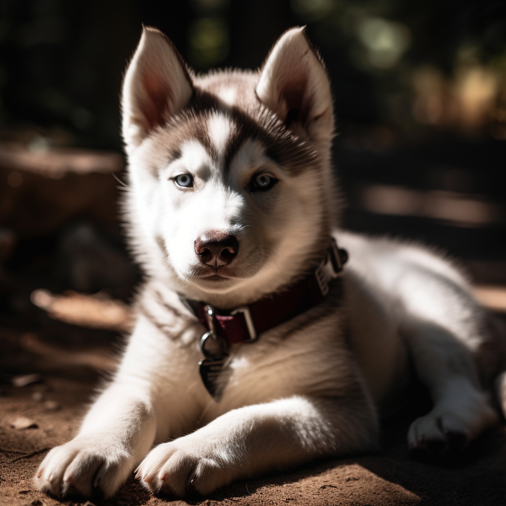 cute husky puppy dog laying down in the dirt for a calm photo