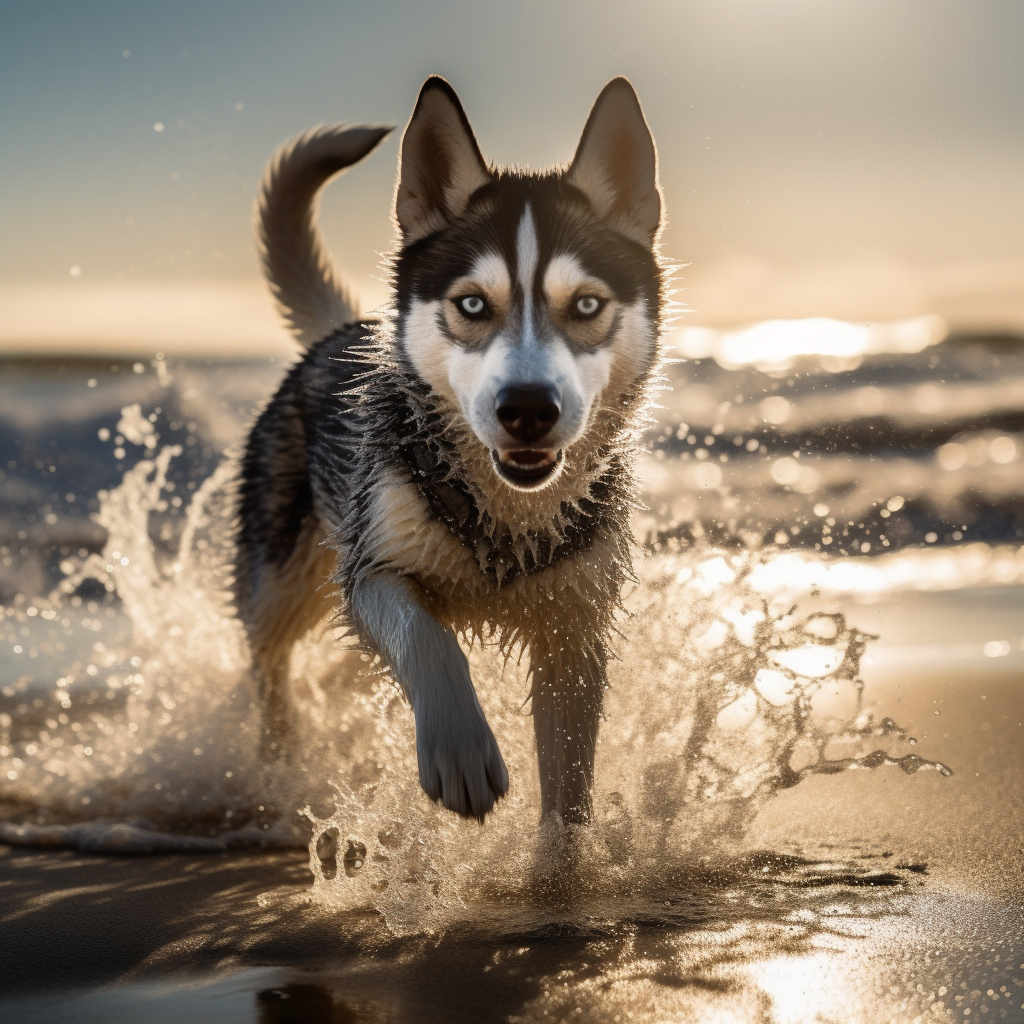 Siberian Husky splashing through water on the beach