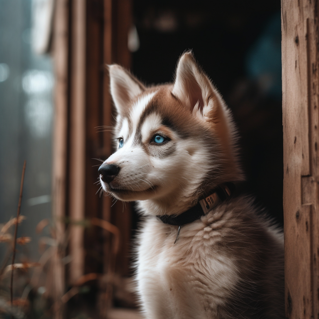 image of an adorable husky puppy dog sitting by a wooden shed outside