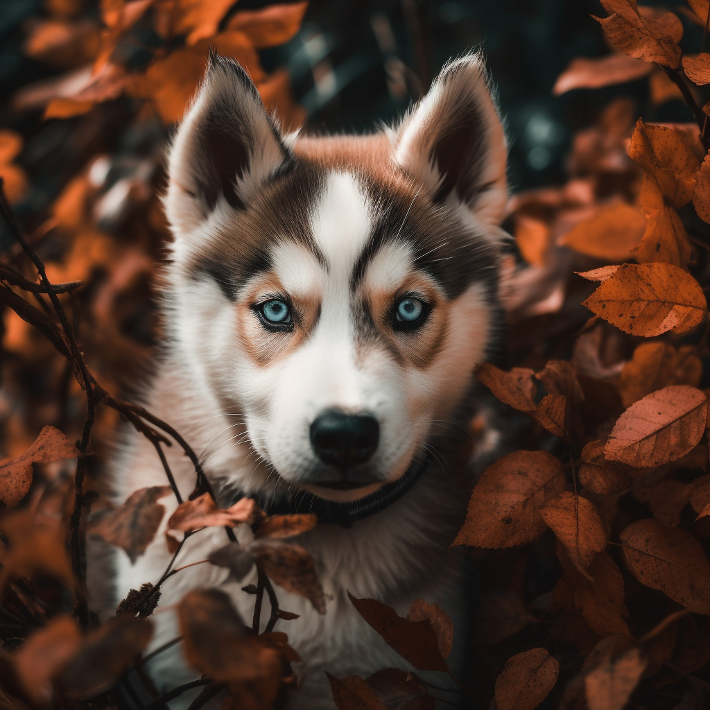 cute husky puppy posing for a closeup picture in the leaves