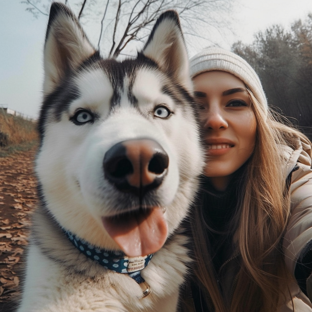 image of a husky posing next to his owner for a close up photo