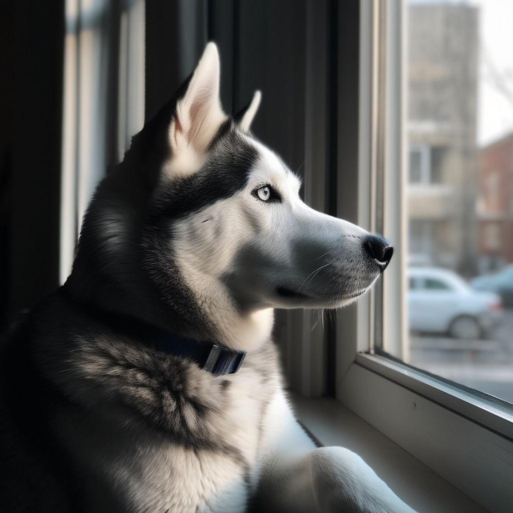 Siberian Husky watching out the window