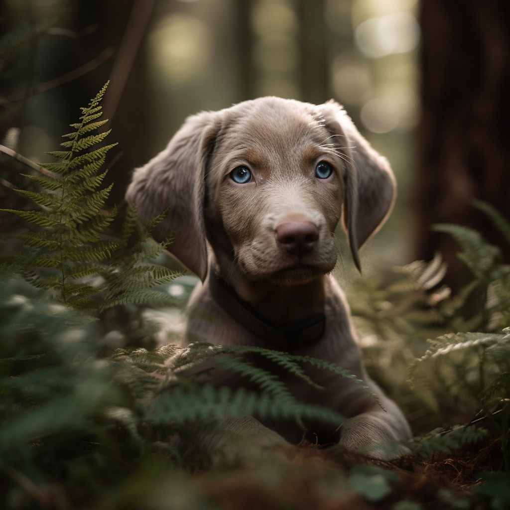 adorable puppy photo in the woods peeking out from the green plants