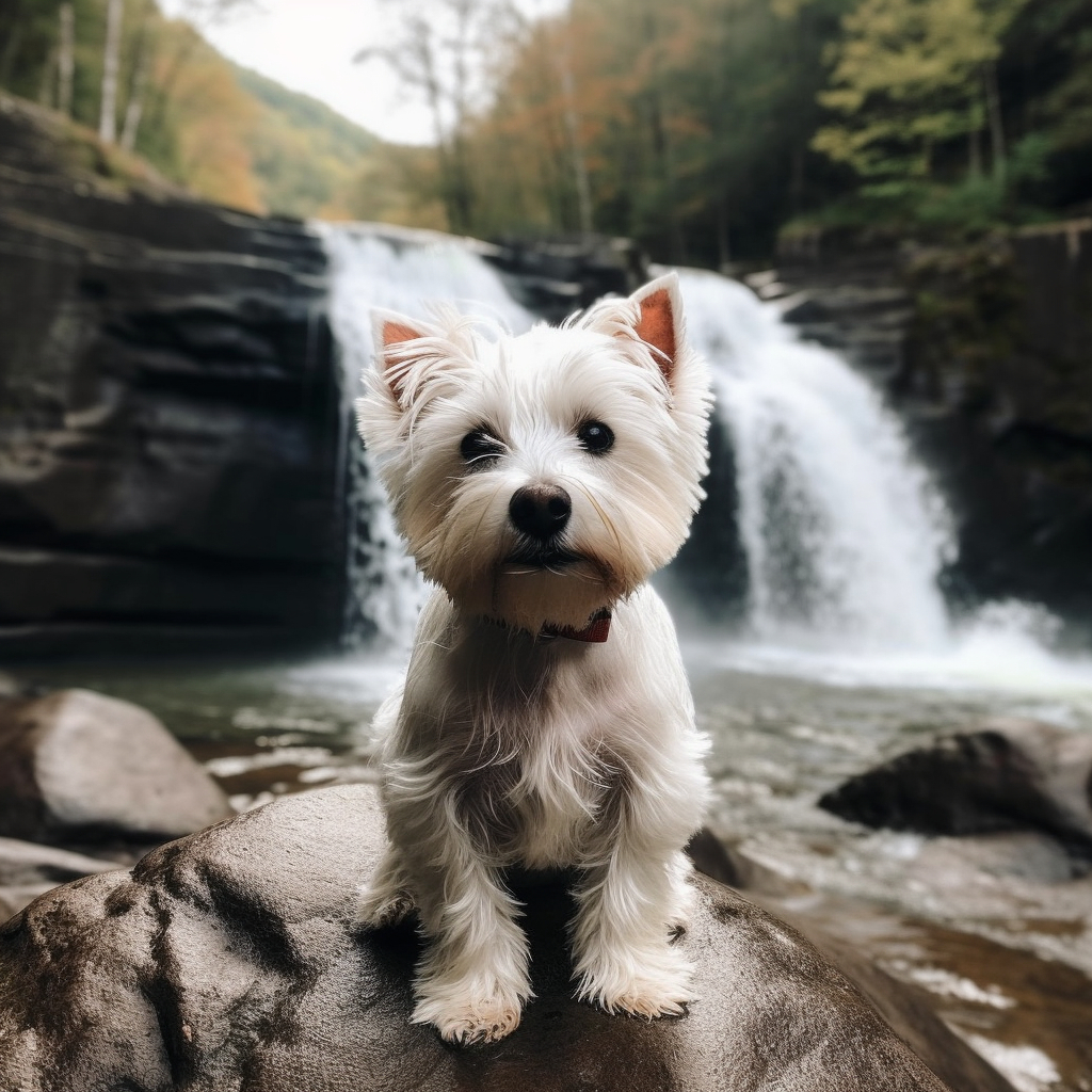 cute maltese puppy image with a scenic waterfall background
