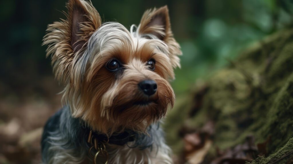 beautiful HD photo of a Yorkshire Terrier in the forest