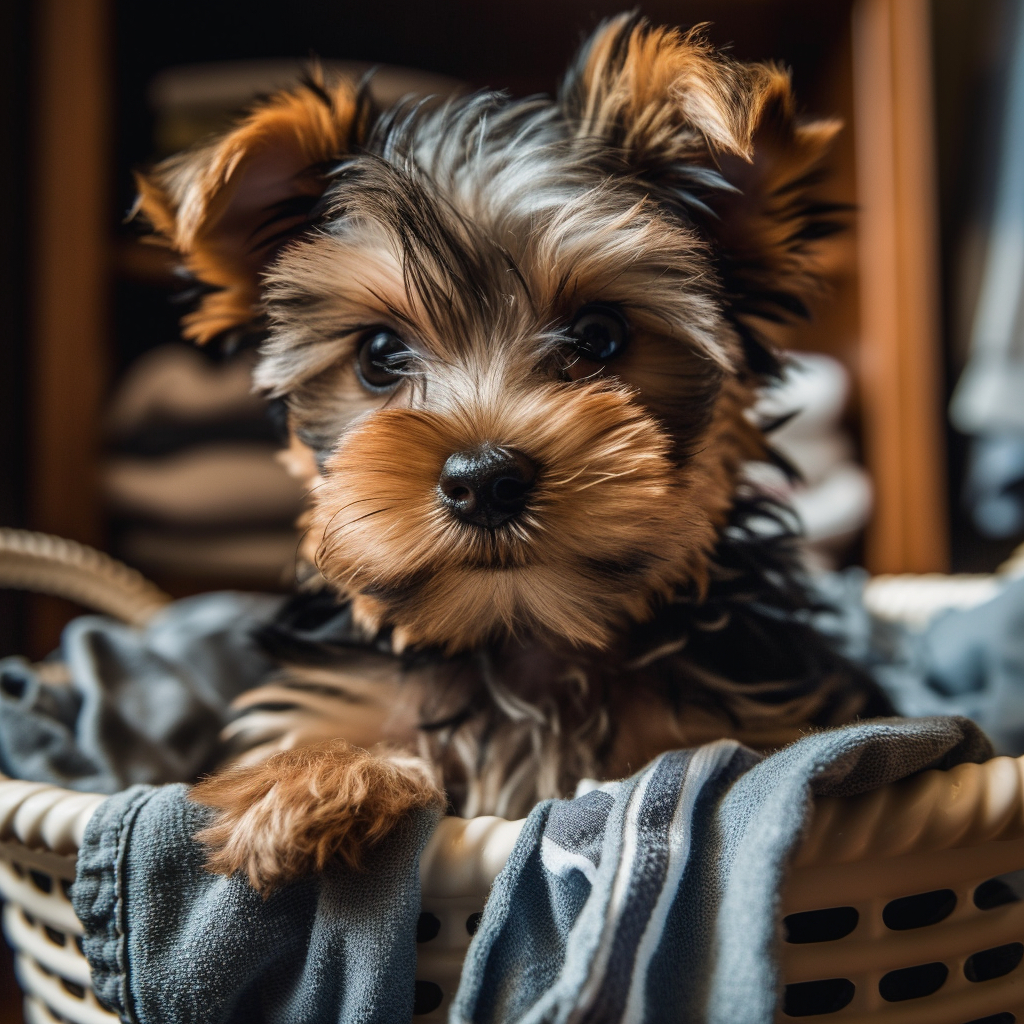 yorkshire terrier puppy playing in the laundry basket, getting its picture taken