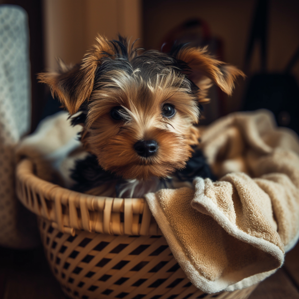 cute puppies playing in the laundry basket