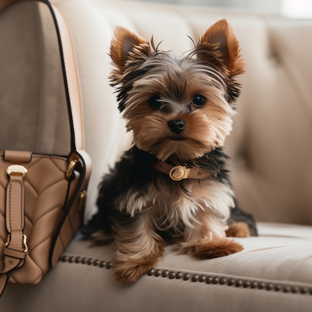 super cute yorkshire terrier puppy posing for a picture on the sofa with a purse hanging nearby