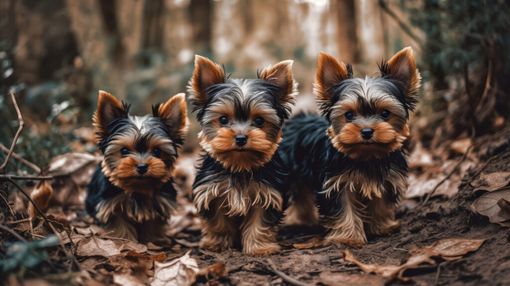 3 yorkshire terrier puppies standing on leaves