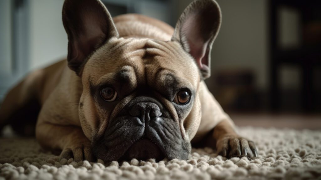 hd picture of a brown french bulldog laying on the carpet