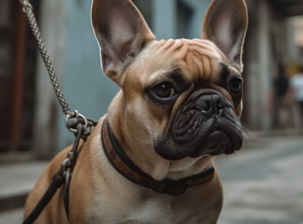a french bulldog with a leash on going for a walk