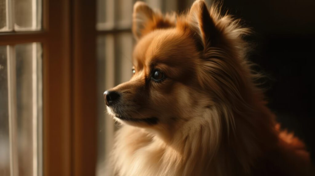 hd pomeranian wallpaper image of the dog looking out the window with sunlight coming in