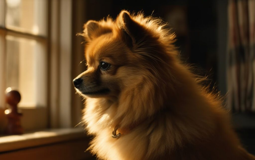 picture of a beautiful pomeranian looking out the window