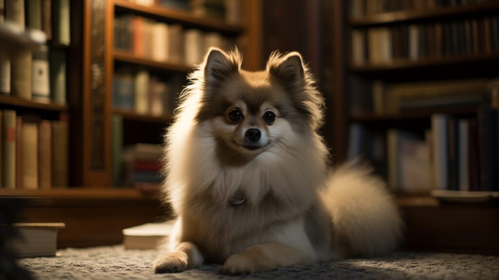 pomeranian laying down in a study with bookcases behind