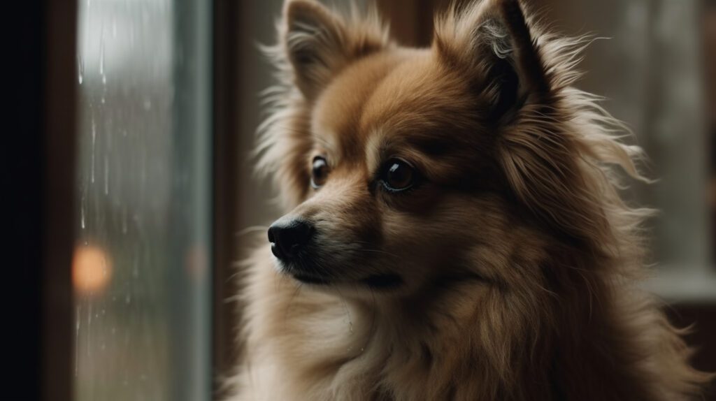 adorable photo of a Pomeranian looking out the window during a rain storm