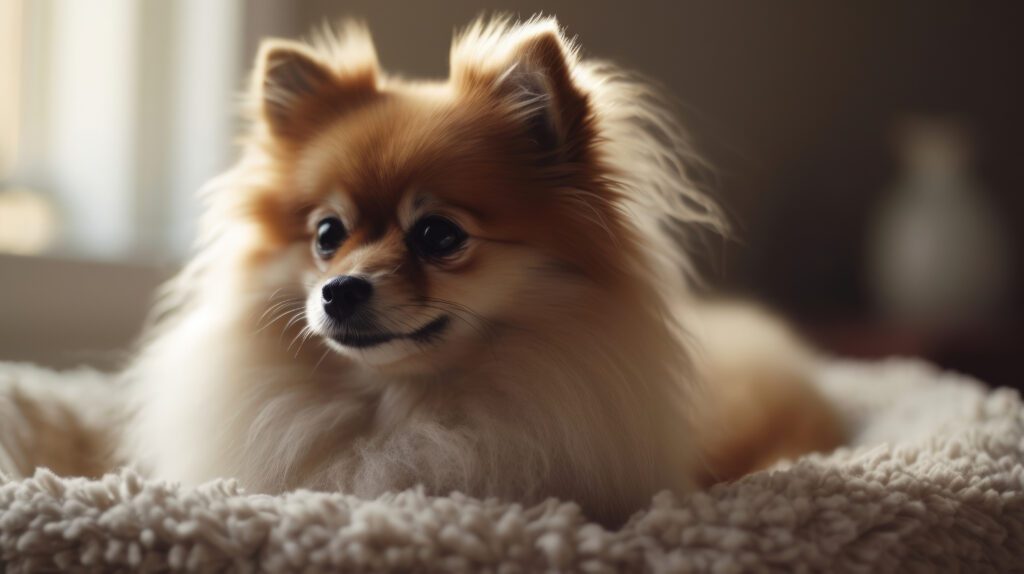 adorable pomeranian dog laying in his bed
