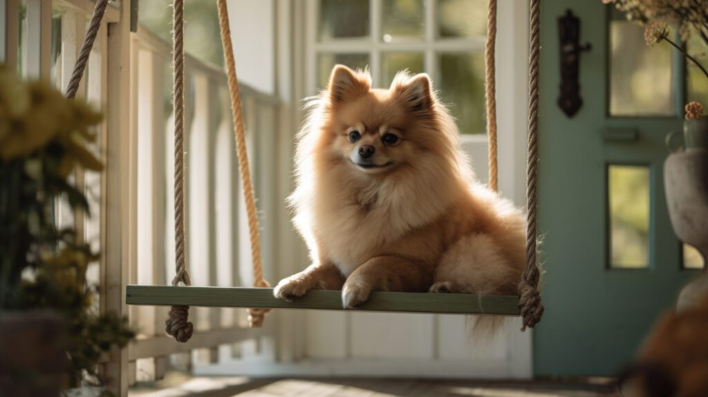 adorable high resolution 4k picture of a pomeranian dog laying on an old fashioned wooden bench swing with pastel colors