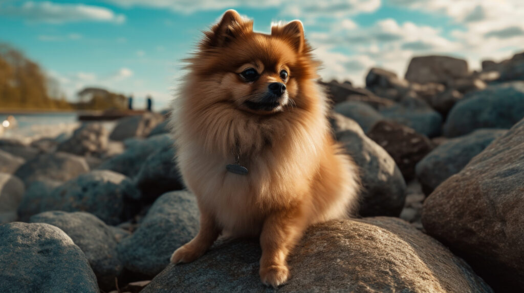 stunning wallpaper image of a pomeranian dog sitting on a rock near the beach