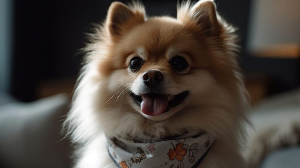 photo of a pomeranian posing for the camera with a cute scarf on