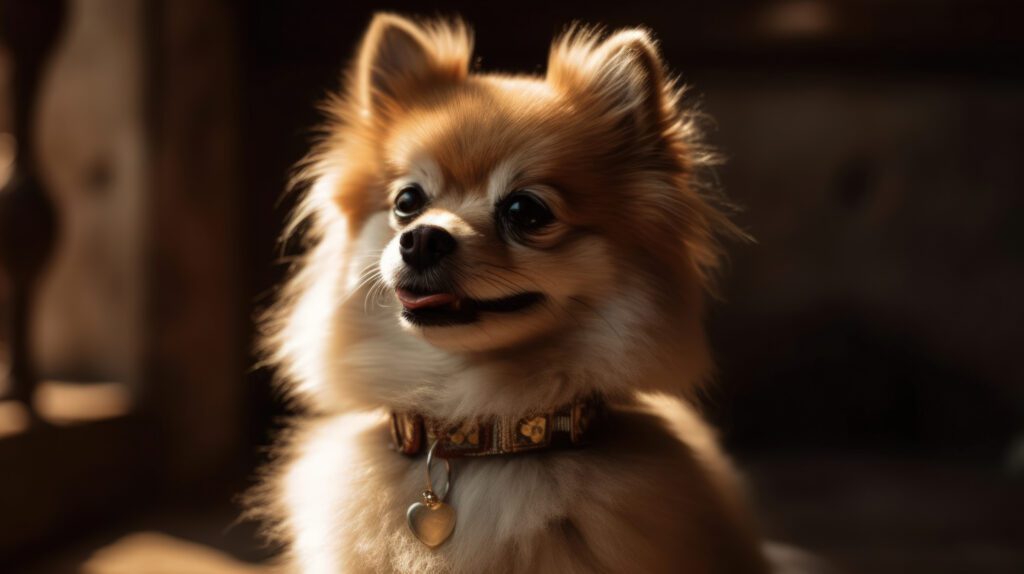 cute pomeranian image smiling for the camera and wearing a stylish collar