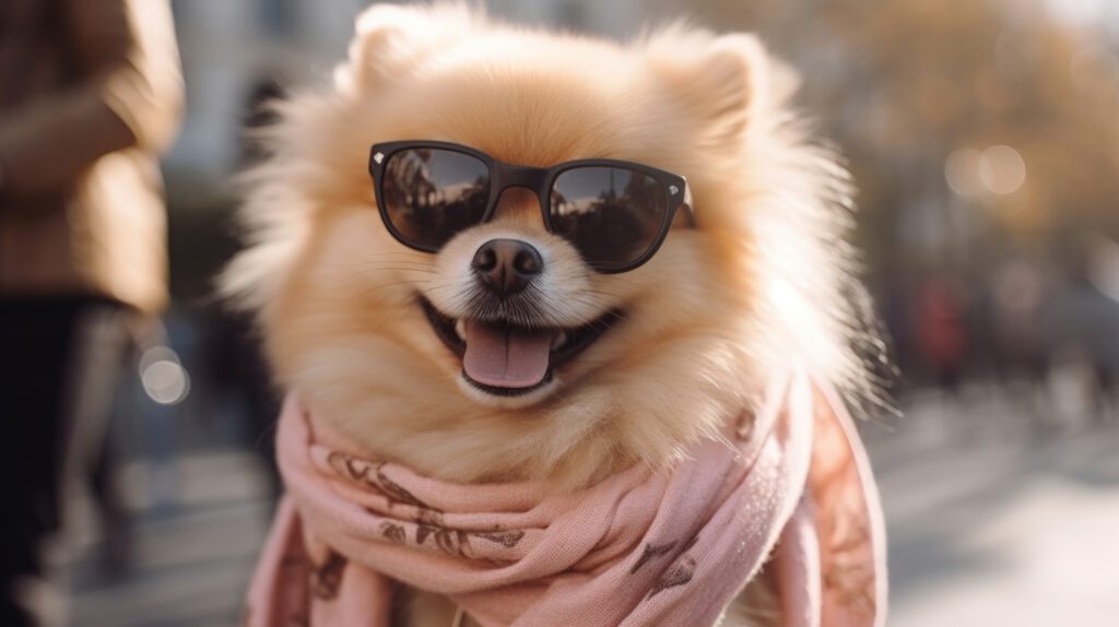 hd image of a Pomeranian wearing funny sunglasses and a stylish pink scarf