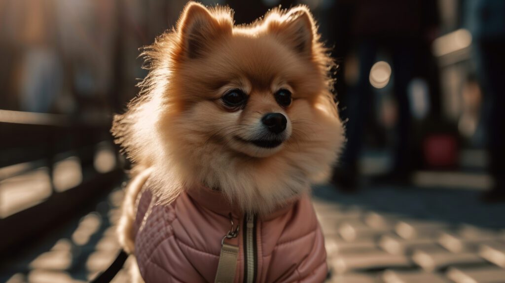 pomeranian dog with a pink vest outfit in 4k hd resolution