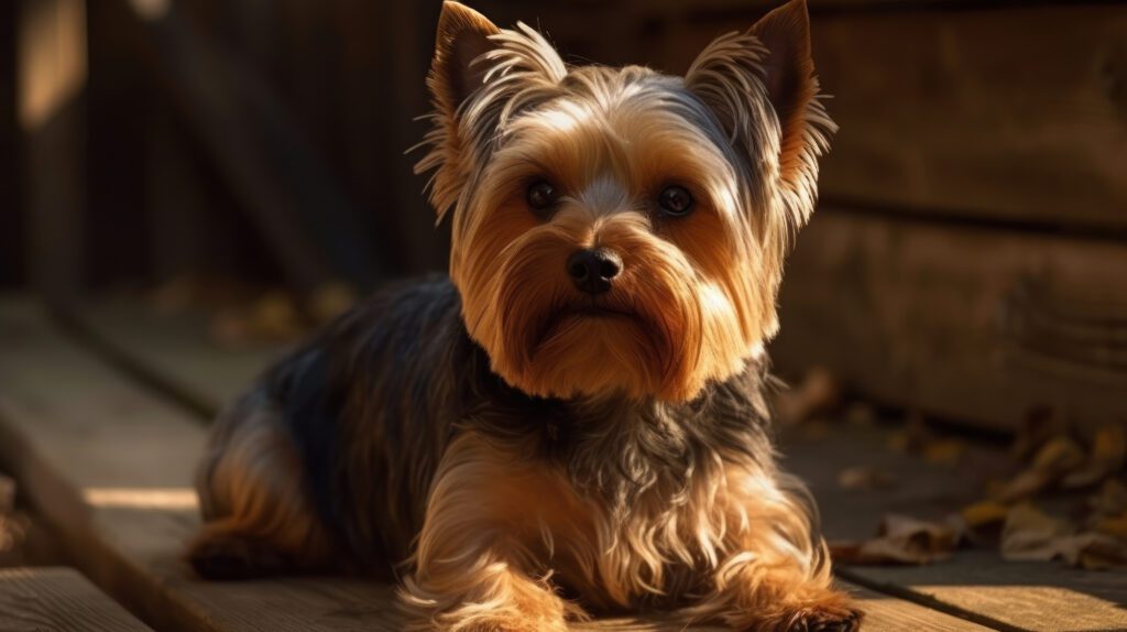 yorkshire terrier dog laying on a wooden porch