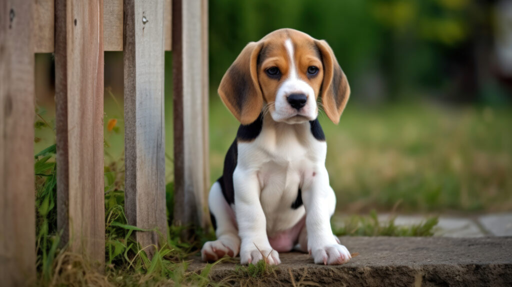 a cute beagle puppy image sitting by a fence