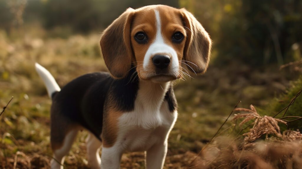 a cute beagle puppy dog standing in the yard posing for a picture