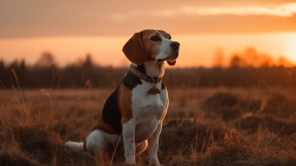 beautiful high resolution wallpaper of a beagle sitting in a field during sunset