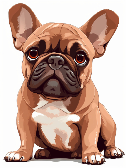 Cute French Bulldog digital illustration, brown, closeup, detailed drawing