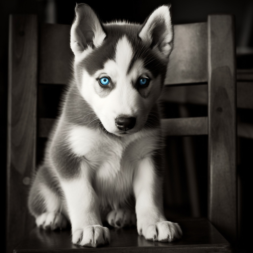 beautiful blue eyed husky puppy sitting on a chair with black and white overlay