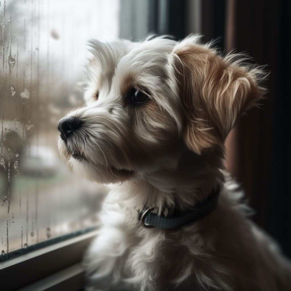 Cute puppy - a picture of a maltese looking out the window on a rainy day