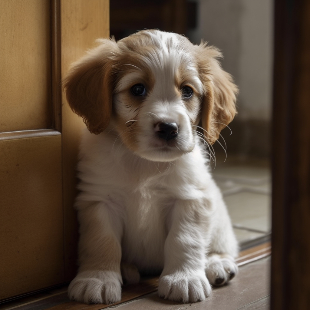 picture of a cute puppy sitting by the door