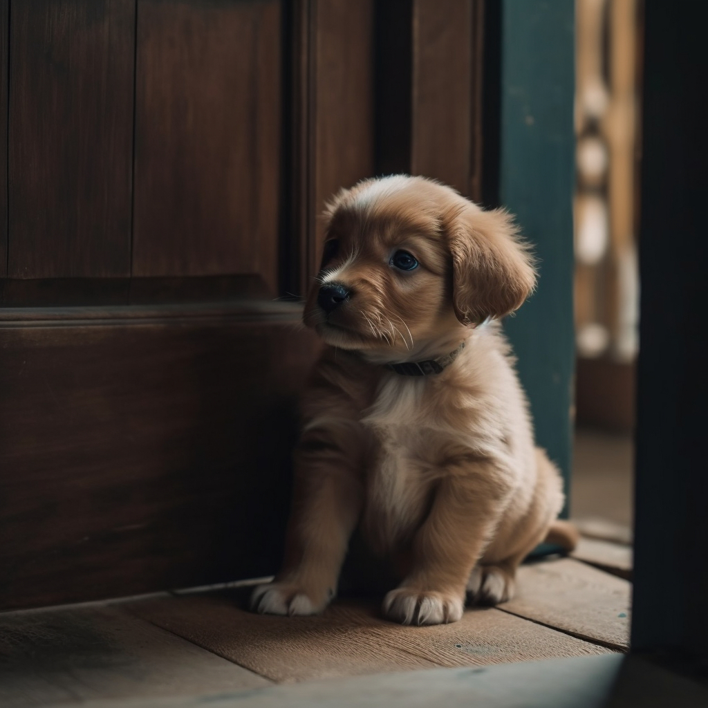 picture of a puppy sitting by the door