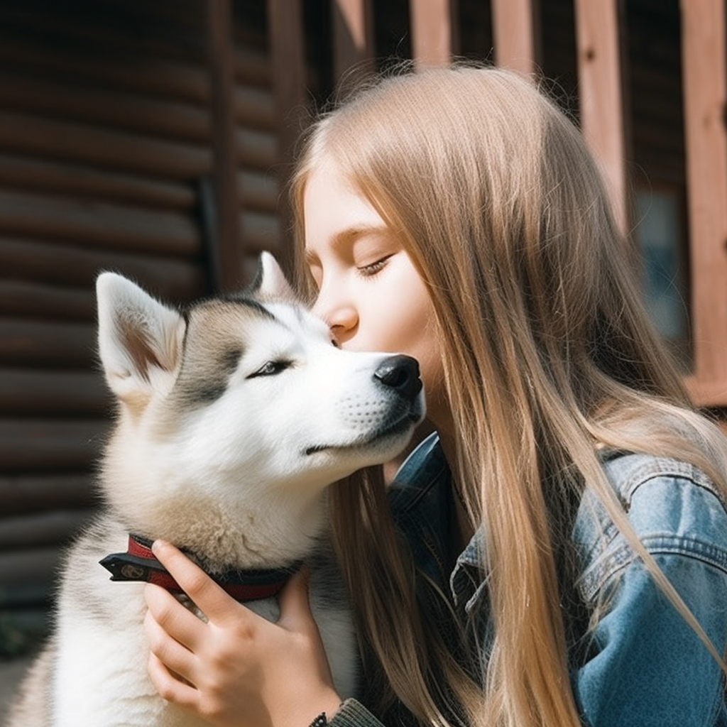 a child kissing her husky puppy