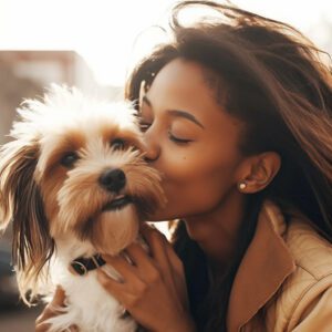 a happy person kissing their dog companion