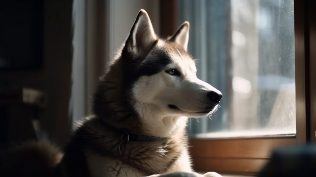 beautiful photo of a Siberian Husky looking out the window