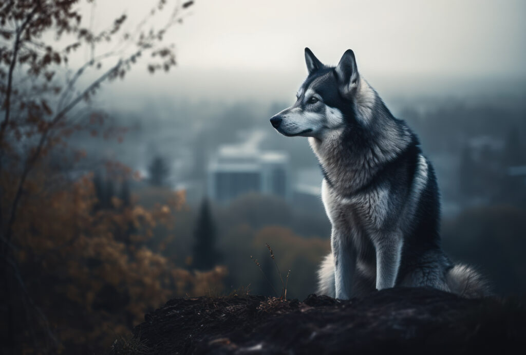 siberian husky wallpaper background in high definition overlooking a city landscape