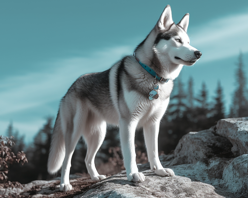 image art of a Siberian Husky dog standing on a rock with blue tones