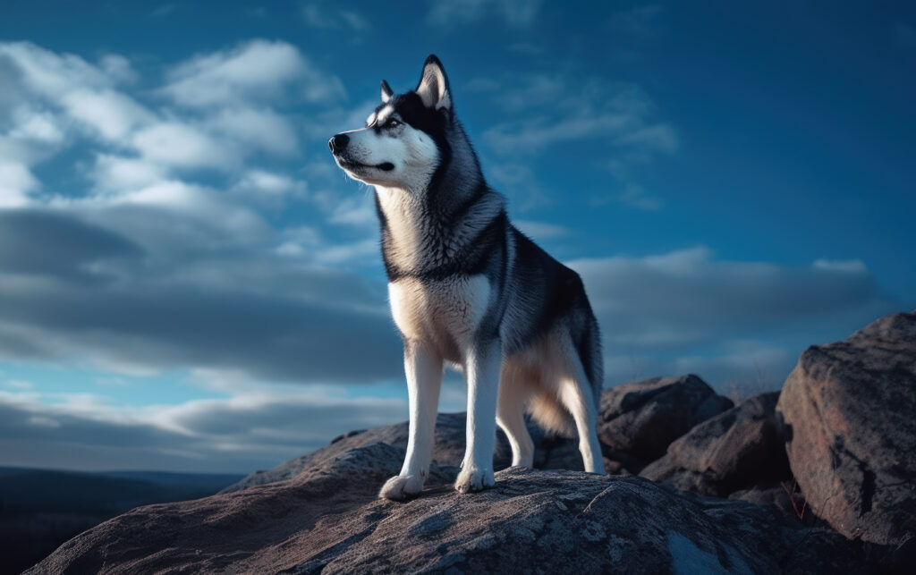 gorgeous husky wallpaper image standing on a rock with a scenic mountain background