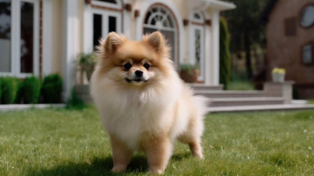 high resolution backyard photograph featuring a pomeranian dog on the green grassy lawn and nice house in the background