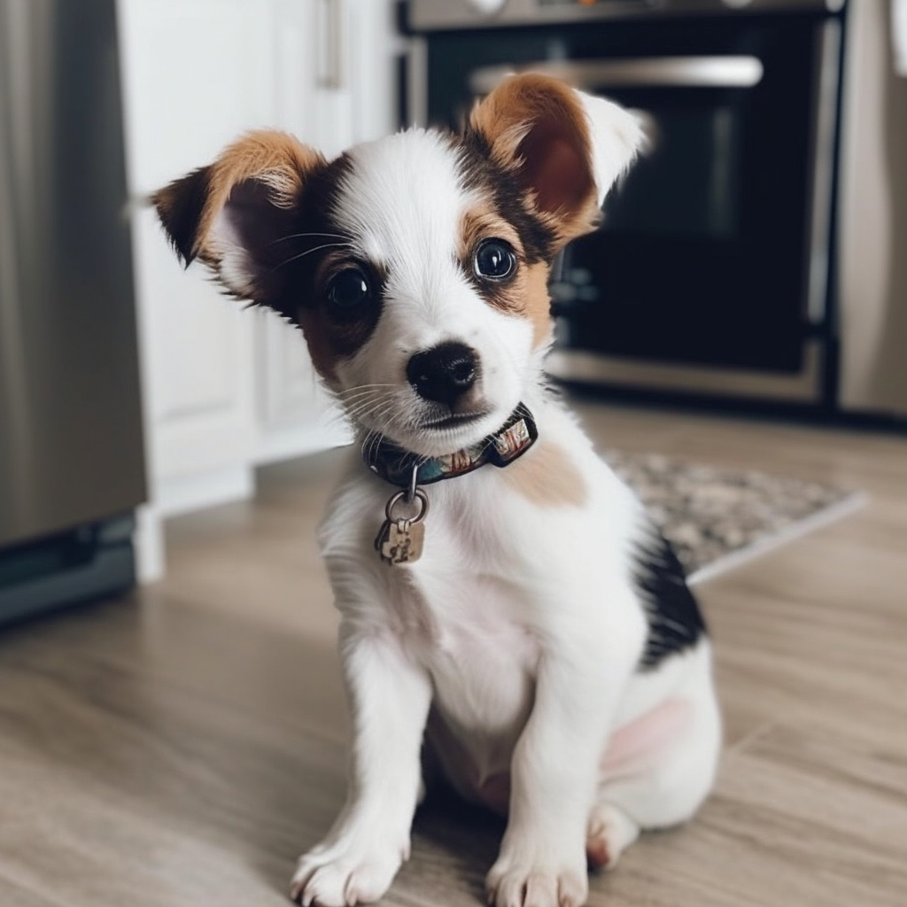 Cute puppy sitting on the kitchen floor looking adorable for the camera