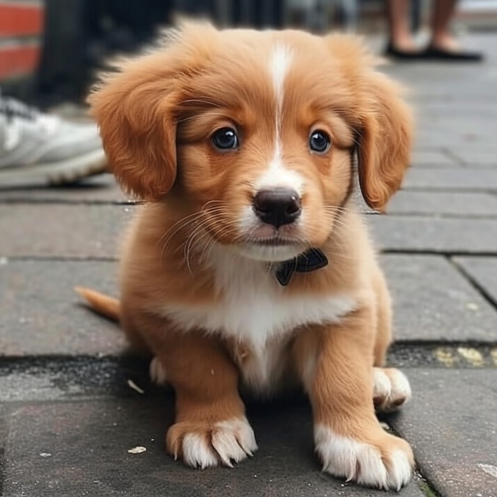 a cute puppy image on the street sidewalk posing for a photo