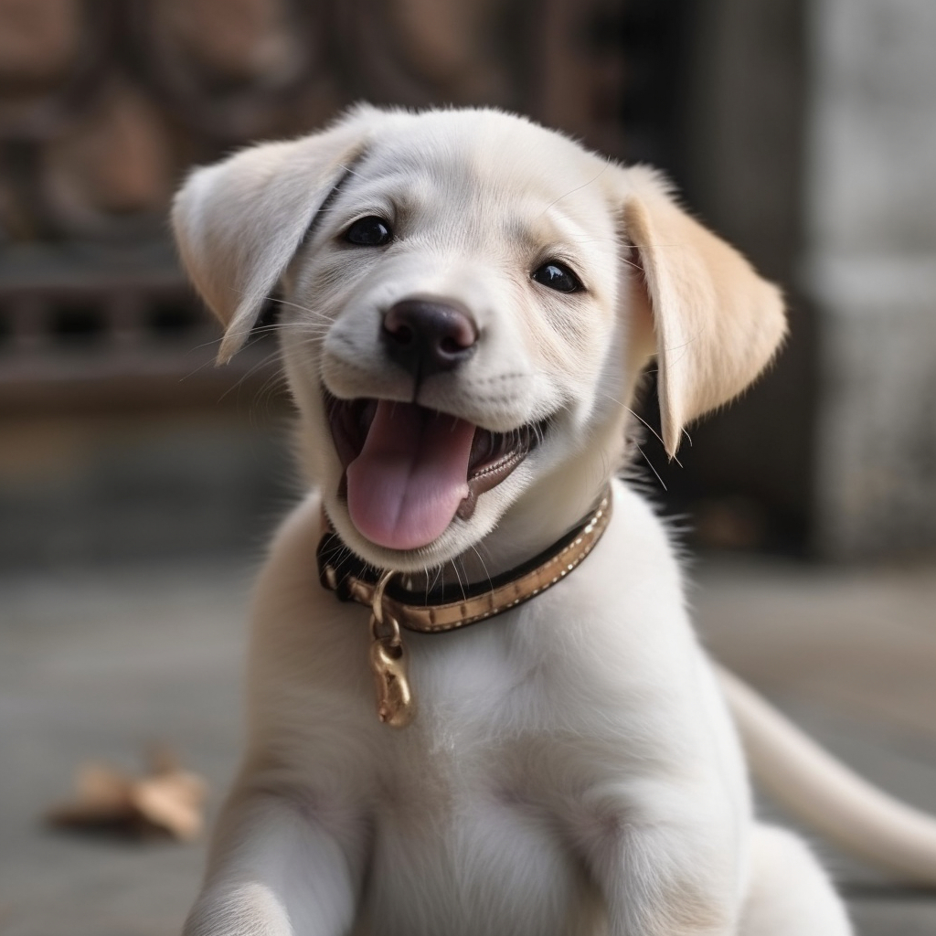 white labrador puppy sitting outside smiling with mouth open