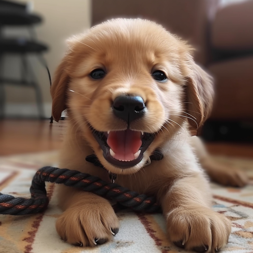 cute puppy playing with a rope toy